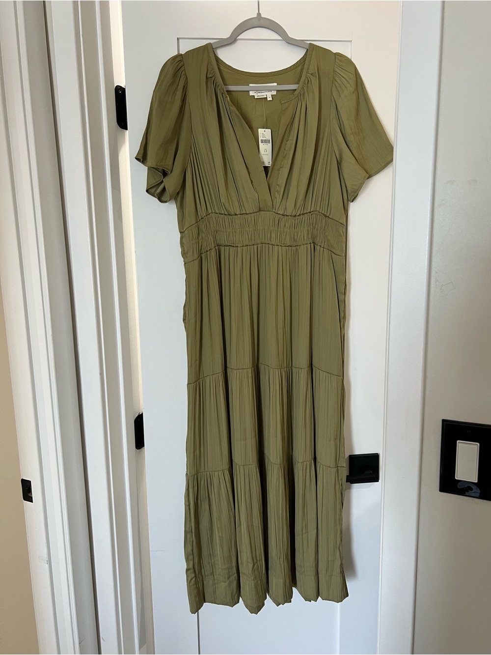 Anthropologie Satin Olive Green Tiered Maxi Dress with V-Neck